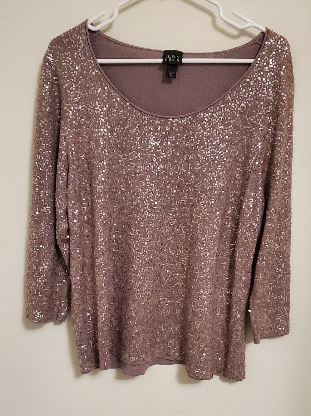 Eileen Fisher Rose Taupe Scoop-Neck Sequin 3/4 Sleeve Top Silk Blend Size XL